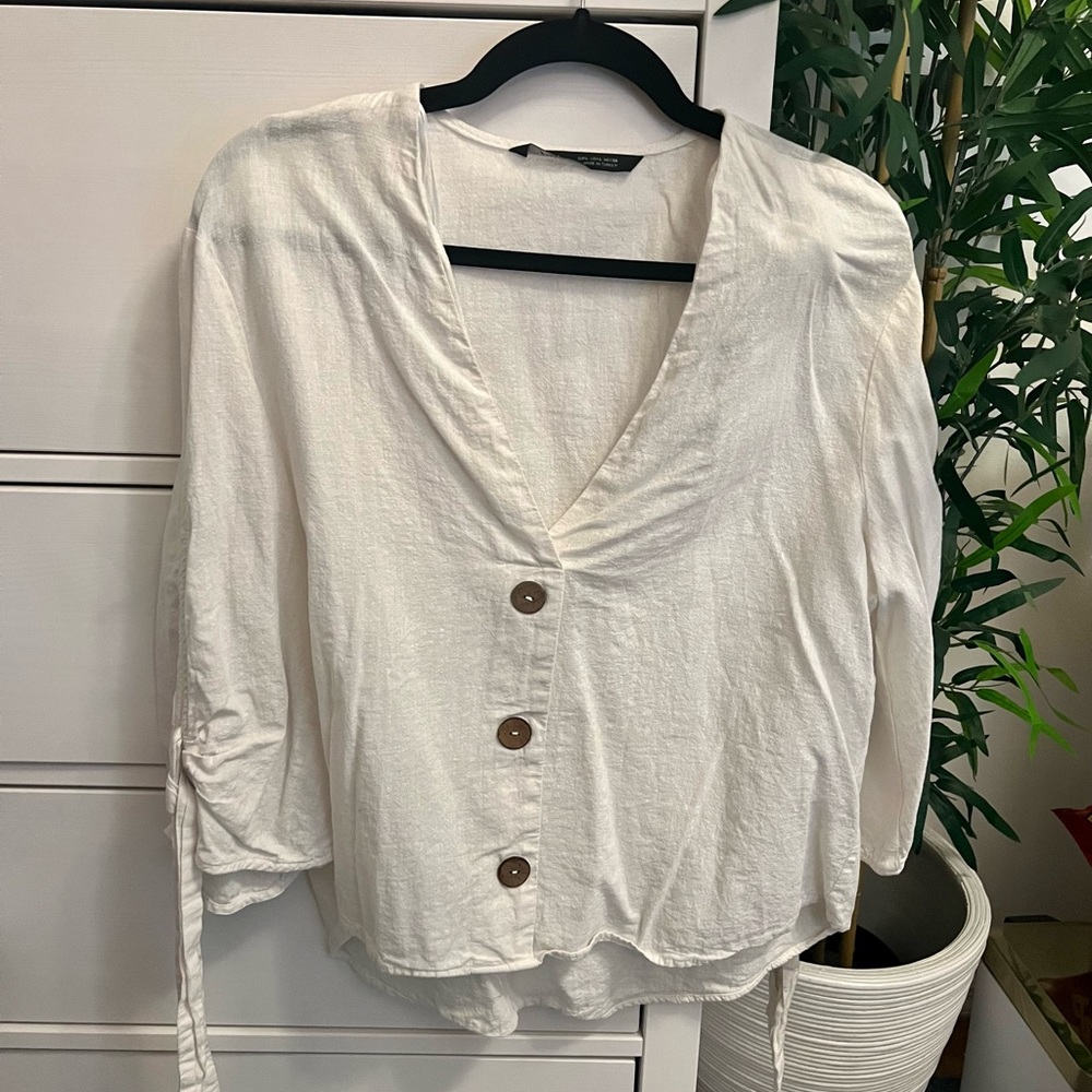 Zara Linen Blouse with Tie Sleeves - like new!